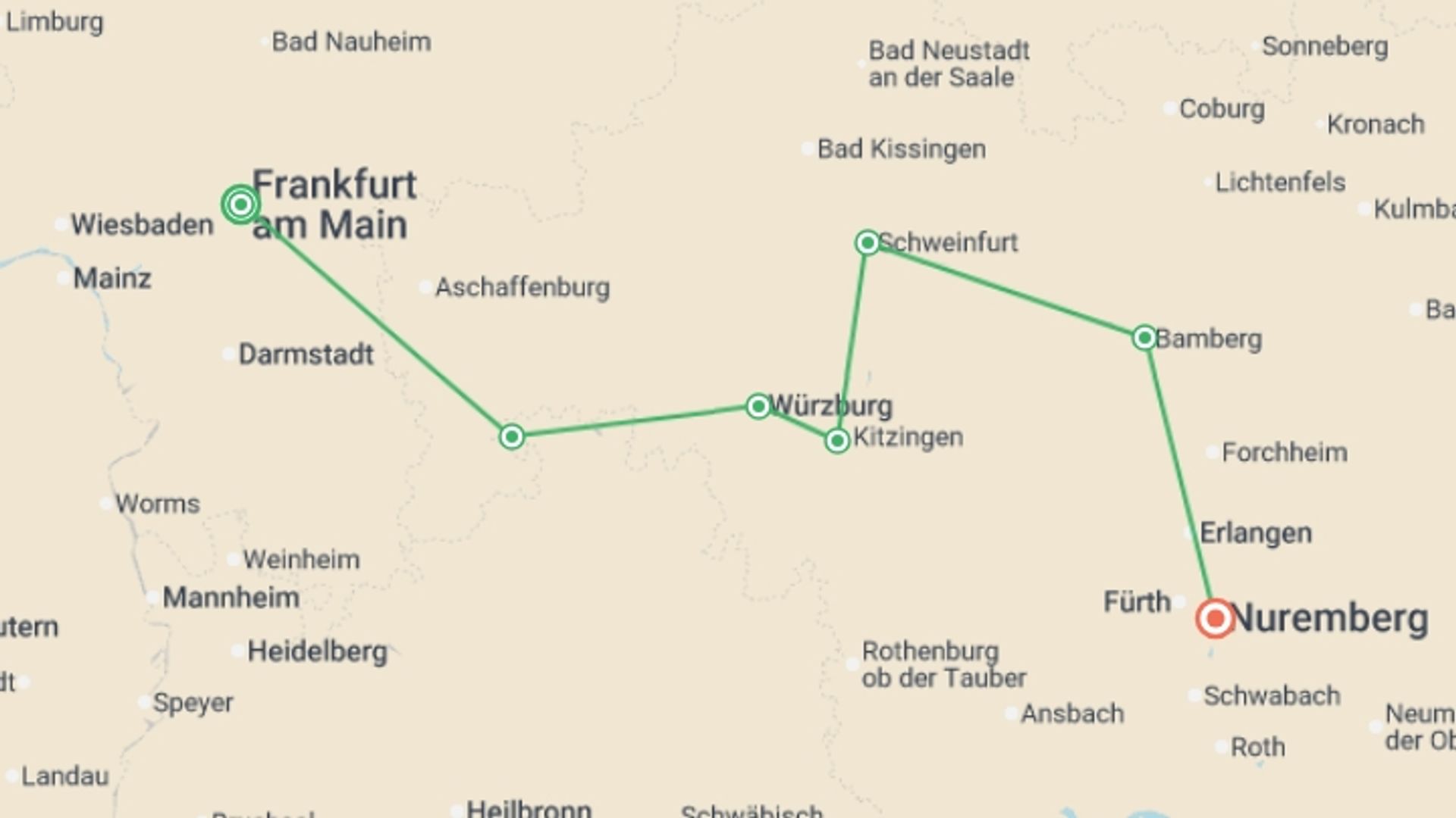 A map showing the tour itinerary for the trip: Classic Christmas Markets (2026), starting in Frankfurt, Germany and ending in Nuremberg, Germany going through 4 other destinations.
