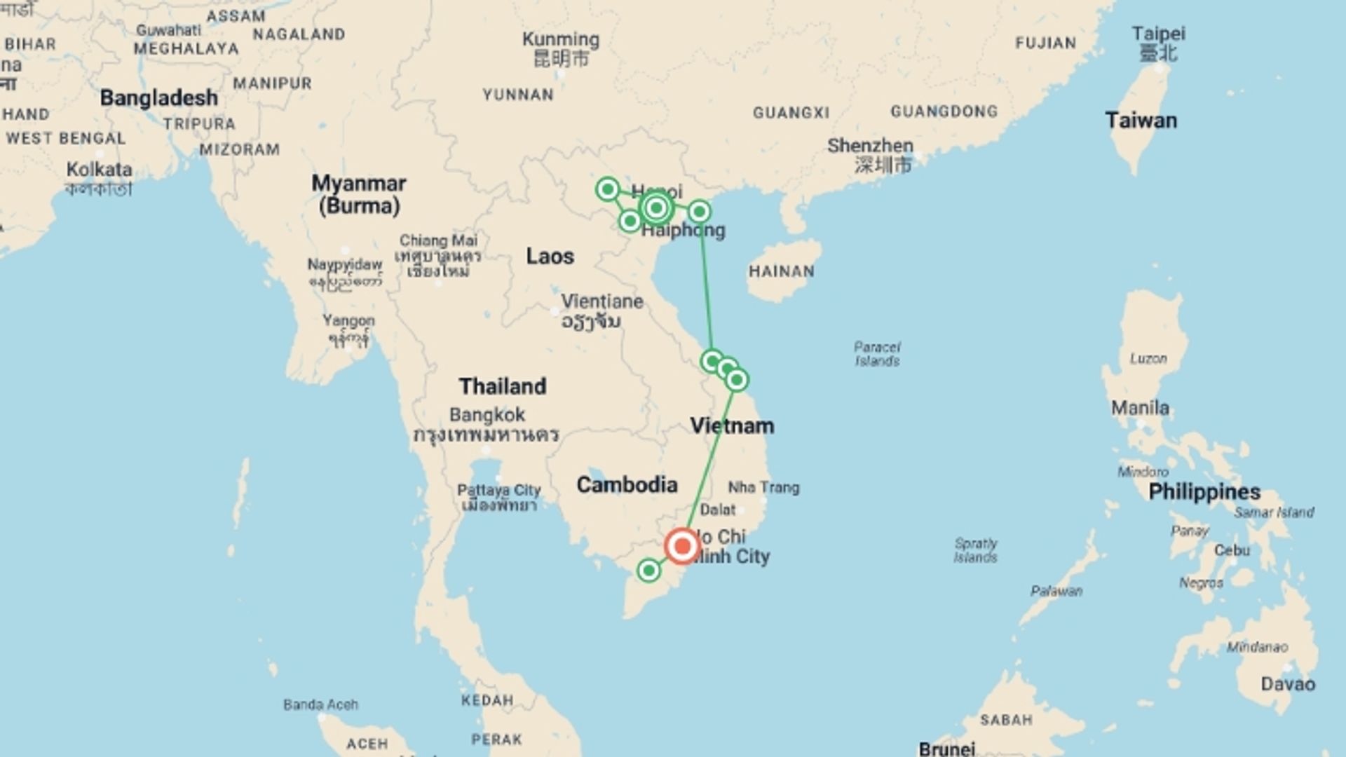 A map showing the tour itinerary for the trip: Vietnam by Bike, starting in Hanoi, Vietnam and ending in Ho Chi Minh City, Vietnam going through 8 other destinations.