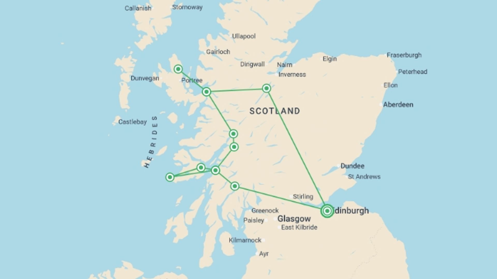 A map showing the tour itinerary for the trip: Wild Scotland Express (Hotel) - 5 days, starting in Edinburgh, Scotland and ending in Edinburgh, Scotland going through 2 other destinations.