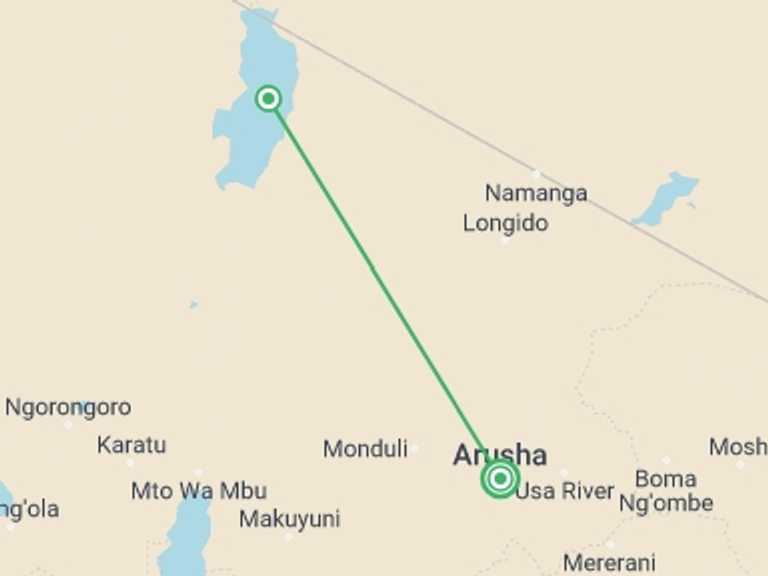 Map of 3-Day Arusha Tour with 2 destination visits for the trip: Experience Ol Doinyo Lengai - 3 Days