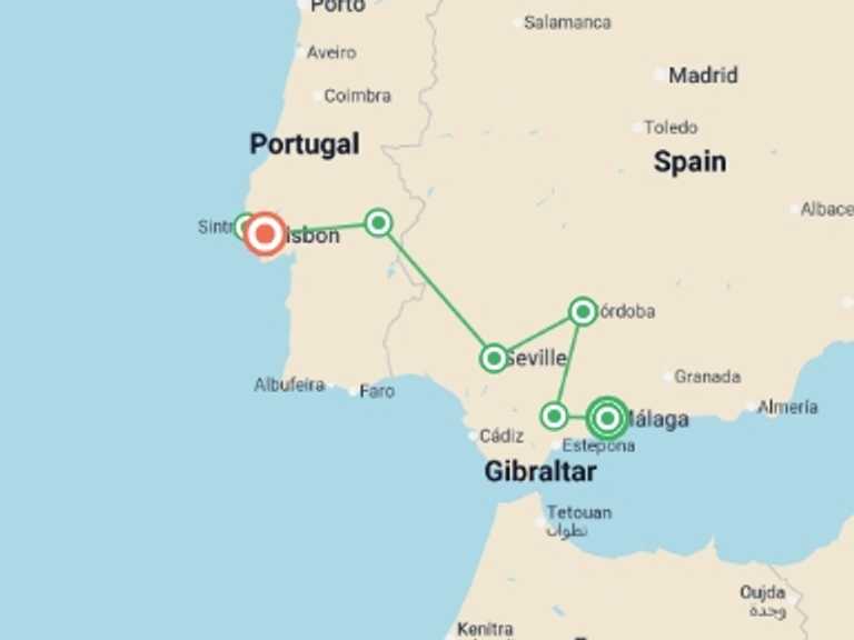Map itinerary of Europe Tour in March 2026 with 7 destination visits for the trip: Exploring Iberia: Southern Spain to Coastal Portugal 
