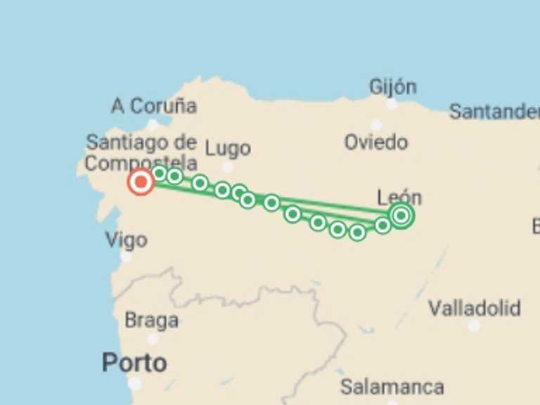 Map of a Winter adventure Tour with 14 destination visits for the trip: Camino - Leon to Santiago
