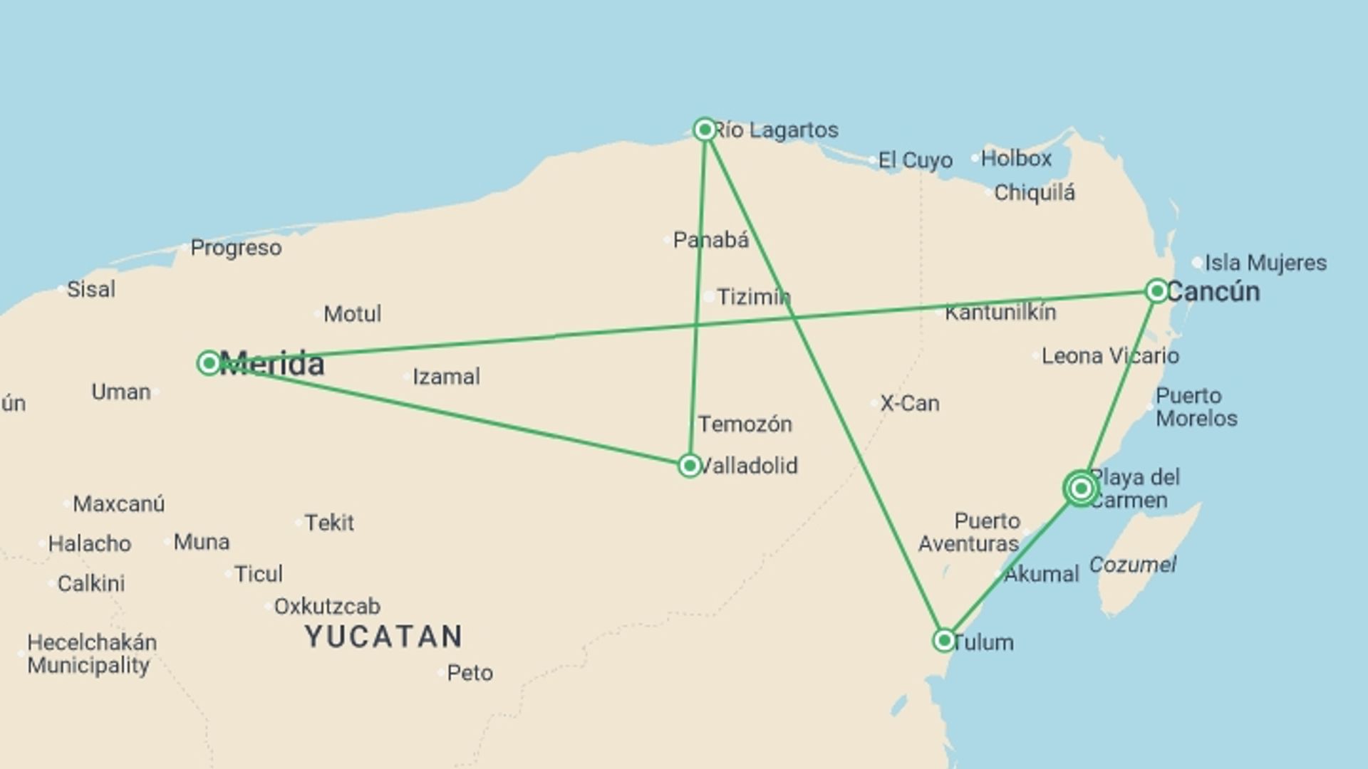 A map showing the tour itinerary for the trip: Cycle Mexico - The Yucatan Peninsula, starting in Playa Del Carmen, Mexico and ending in Playa Del Carmen, Mexico going through 5 other destinations.