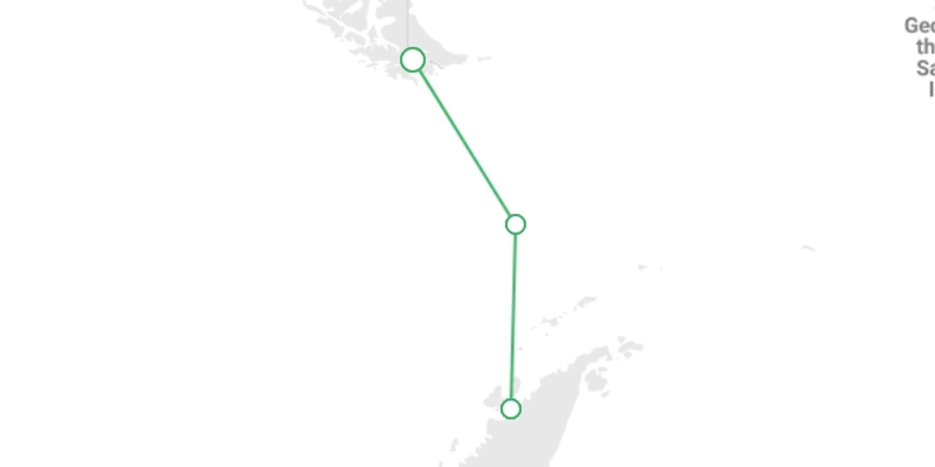 A map showing the tour itinerary for the trip: Antarctic Circle - M/V Ushuaia, starting in Ushuaia, Argentina and ending in Ushuaia, Argentina going through 2 other destinations.