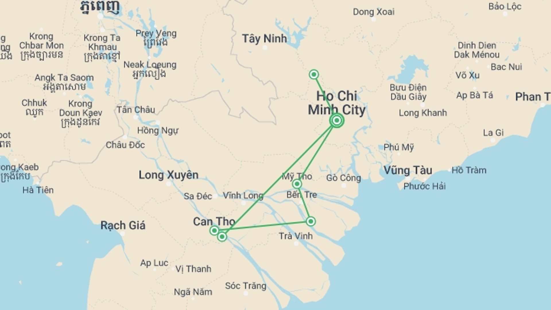 A map showing the tour itinerary for the trip: Saigon & Mekong Delta Five-Day Group Package, starting in Ho Chi Minh City, Vietnam and ending in Ho Chi Minh City, Vietnam going through 2 other destinations.