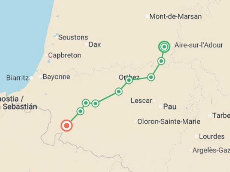 Map itinerary of Europe Tour in Fall with 12 destination visits for the trip: Le Puy Camino - Aire sur l'Adour to the Pyrenees