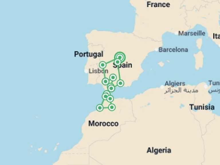 Map of Spain Tour with 8 destination visits for the trip: Seville to the Souks - 10 days