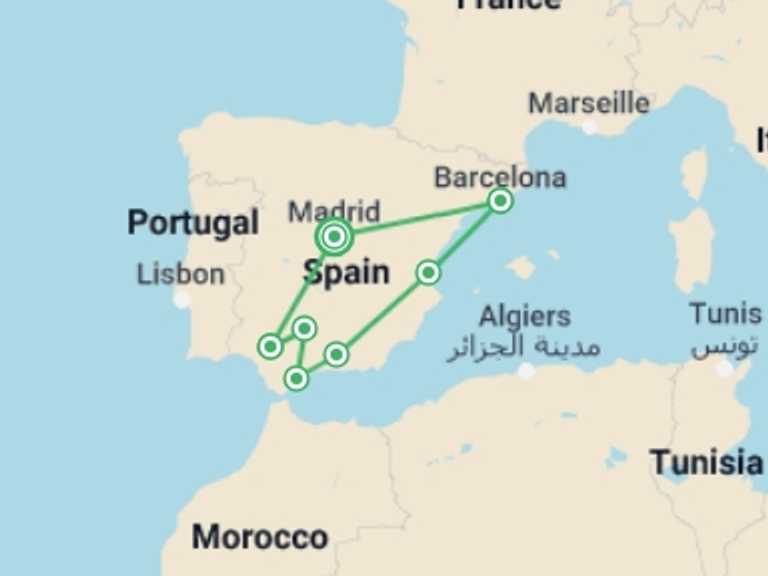 Map itinerary of Spain Tour in February 2026 with 7 destination visits for the trip: 9 Day Guided Tour Andalusia And Mediterranean Coast From Madrid