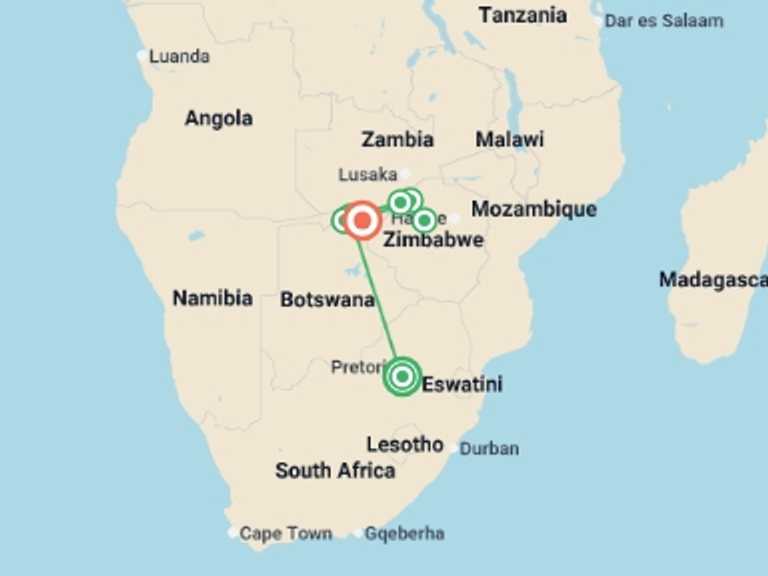 Map itinerary of Africa Tour in June 2026 with 7 destination visits for the trip: Safari Cruise along the Zambezi River - South Africa, Botswana, Namibia, Zimbabwe (port-to-port cruise)