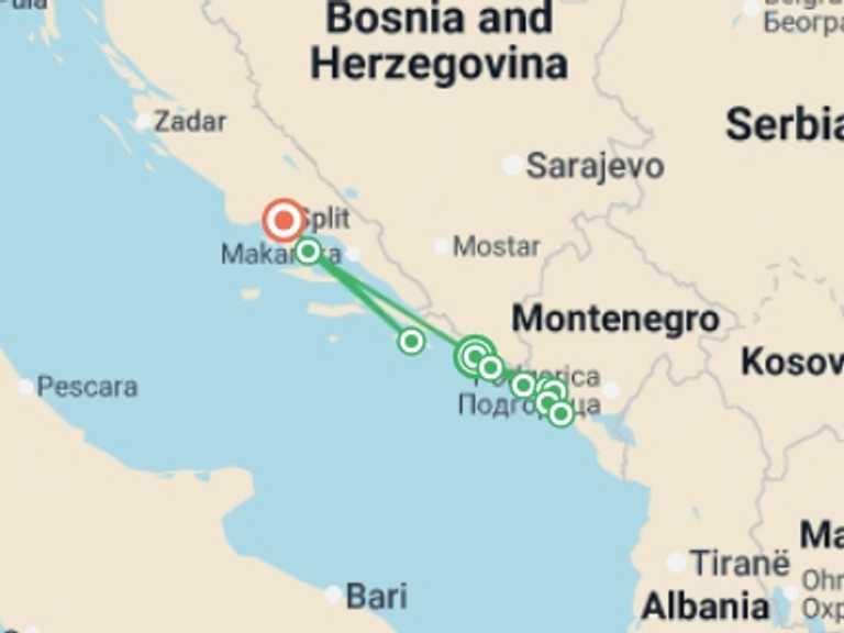 Map of 15-Day Europe Tour with 10 destination visits for the trip: Montenegro & Croatia Sailing