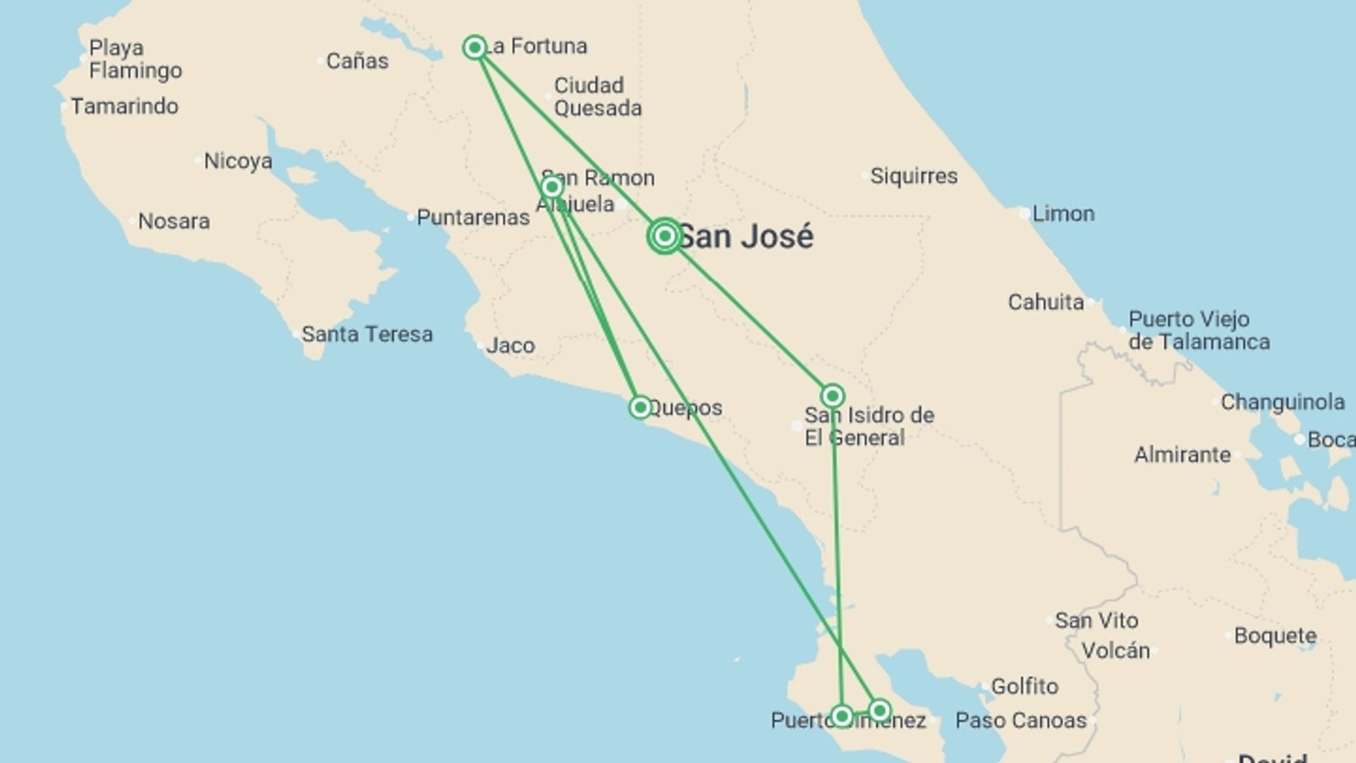 A map showing the tour itinerary for the trip: Wild Costa Rica – Premium Adventure, starting in San Jose, Costa Rica and ending in San Jose, Costa Rica going through 4 other destinations.