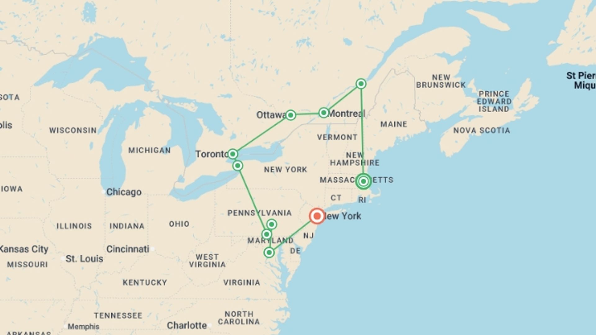 A map showing the tour itinerary for the trip: Boston, Niagara Falls, Montreal & New York - 9 days, starting in Boston, USA and ending in New York, USA going through 6 other destinations.