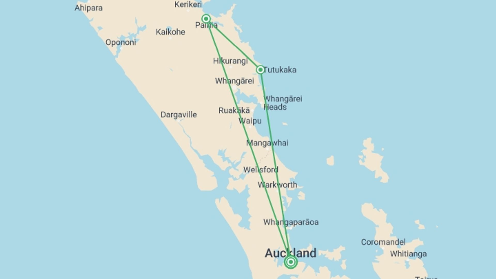 A map showing the tour itinerary for the trip: Enchanting Northland, starting in Auckland, New Zealand and ending in Auckland, New Zealand going through 2 other destinations.