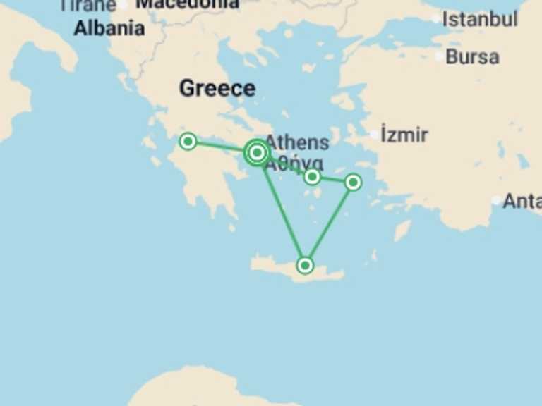 Map of Mediterranean Tour with 5 destination visits for the trip: Athens, Peloponnese and the Beautiful Aegean Ext