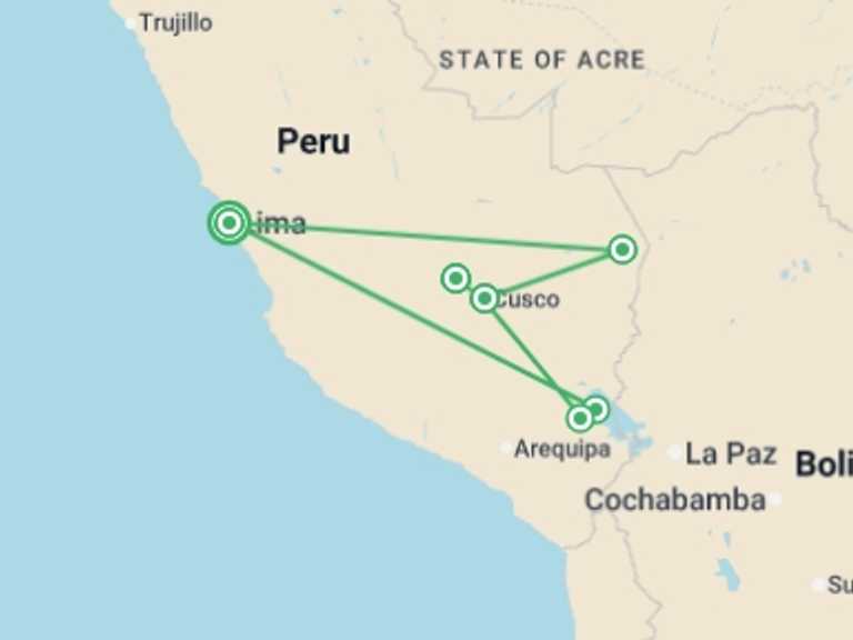 Map itinerary of South America Tour in May 2027 with 7 destination visits for the trip: Inca Trail & the Amazon Rainforest