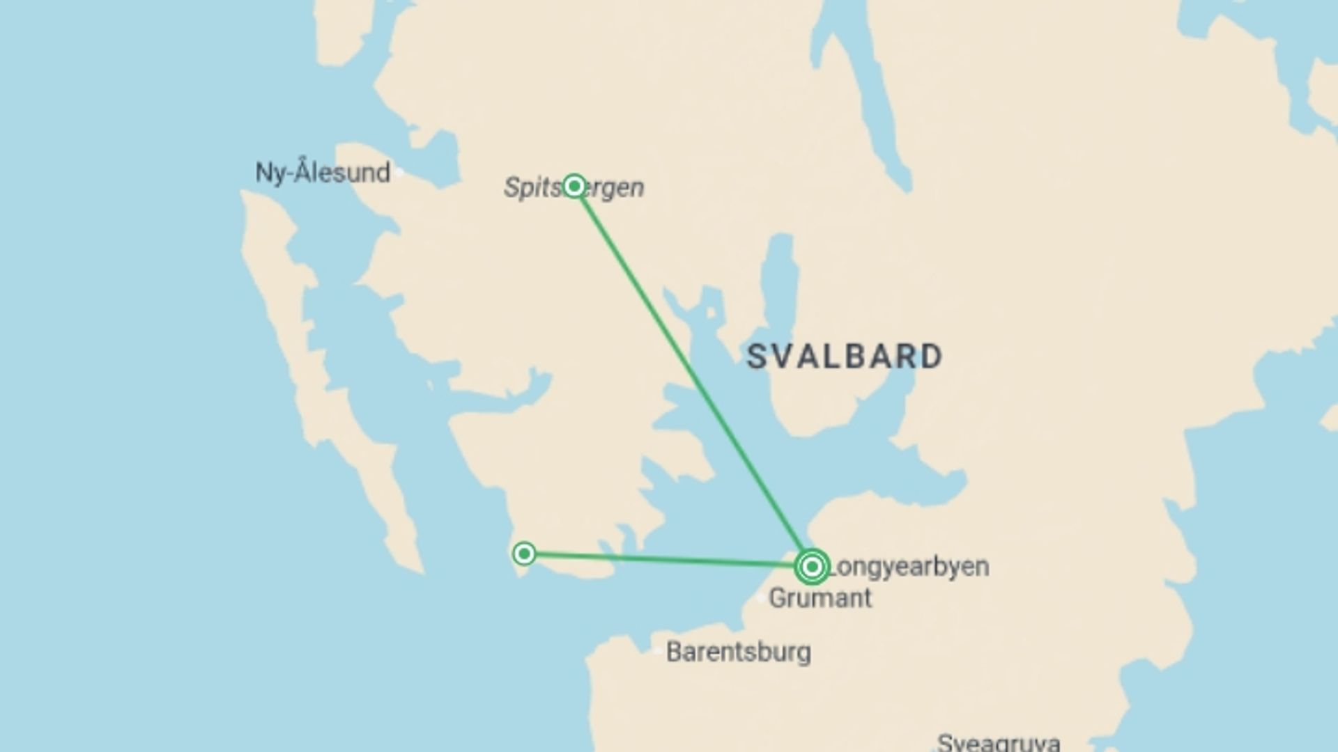 A map showing the tour itinerary for the trip: Svalbard Arctic Adventure - Polar Summer, starting in Longyearbyen, Norway and ending in Longyearbyen, Norway going through 2 other destinations.