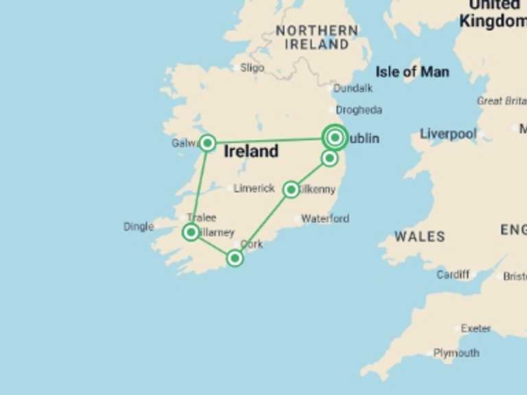 Map of Ireland Sightseeing Tour with 6 destination visits for the trip: Land of Saints & Scholars (Hotel) - 7 days
