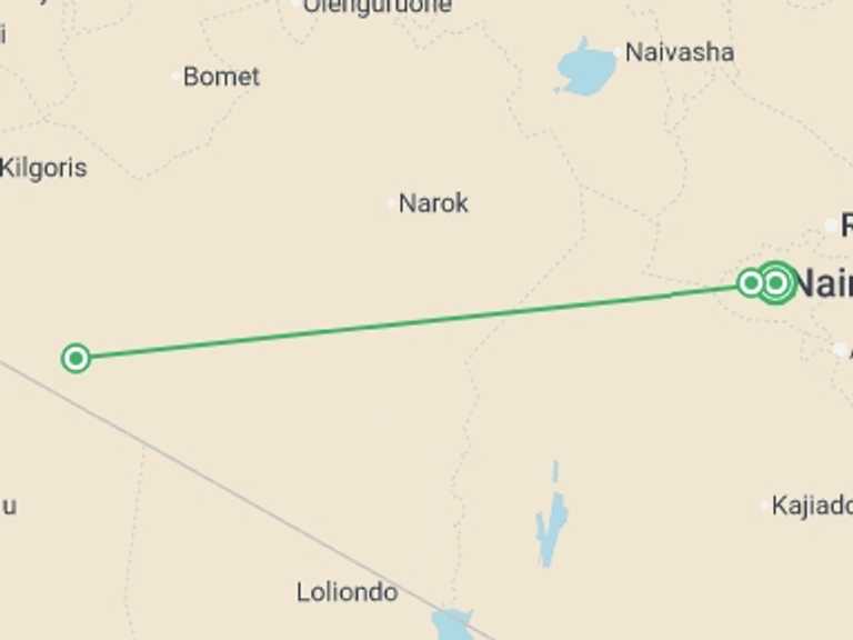 Map itinerary of Africa Tour in May 2026 with 3 destination visits for the trip: Kenya Safari