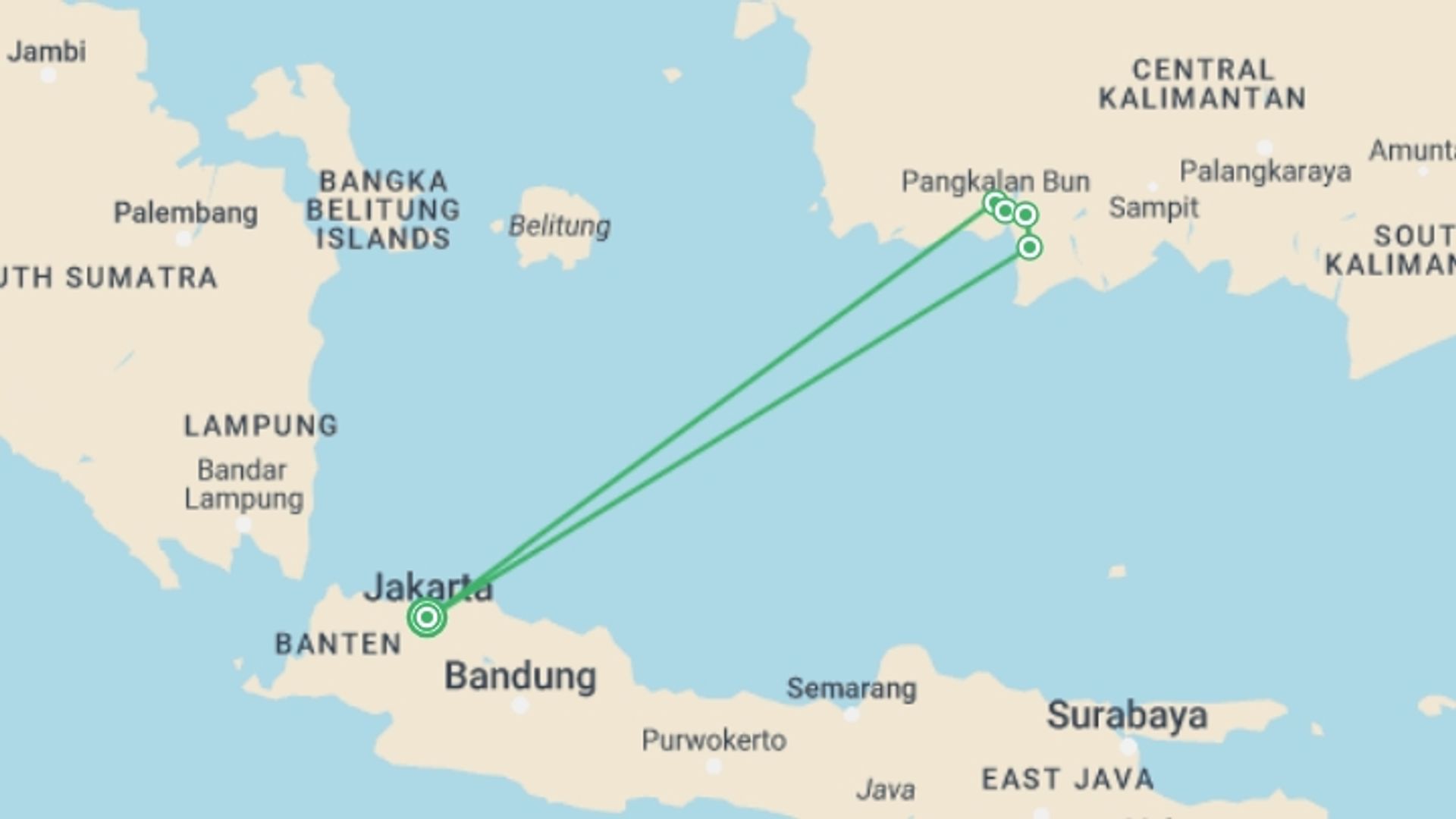 A map showing the tour itinerary for the trip: Indonesia: Borneo Orangutans of Tanjung Puting National Park, starting in Jakarta, Indonesia and ending in Jakarta, Indonesia going through 4 other destinations.