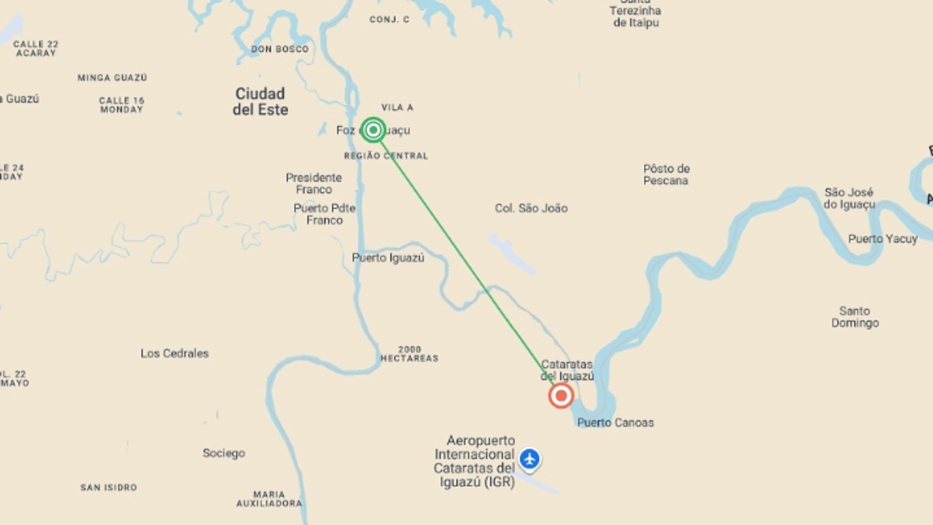 A map showing the tour itinerary for the trip: 3 Day Argentine Adventure At Iguazú Falls, starting in Iguazu Falls, Argentina and ending in Iguazu Falls, Argentina going through 1 other destinations.