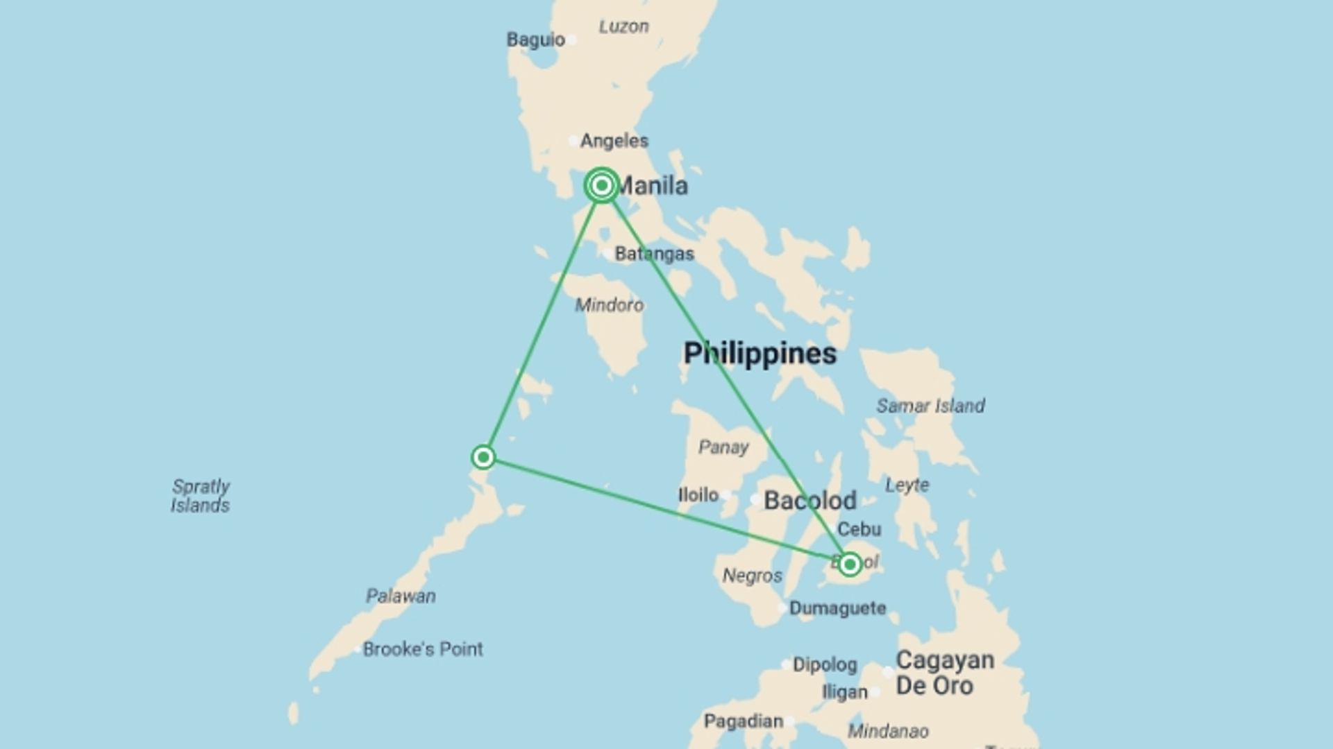 A map showing the tour itinerary for the trip: Manila, Bohol & El Nido - 8 days, starting in Manila, Philippines and ending in Manila, Philippines going through 3 other destinations.