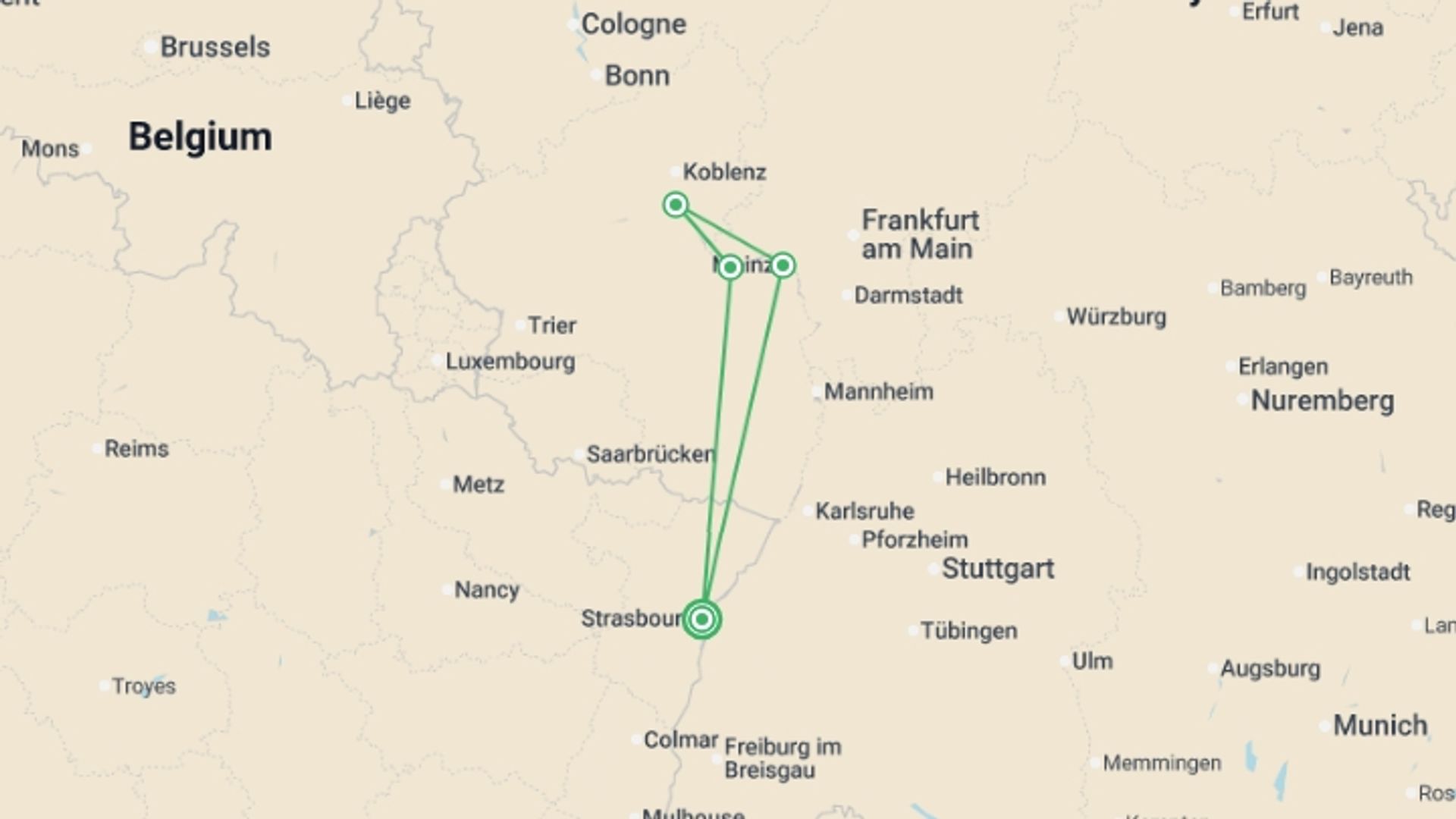 A map showing the tour itinerary for the trip: Christmas on the romantic Rhine (port-to-port cruise), starting in Strasbourg, France and ending in Strasbourg, France going through 2 other destinations.