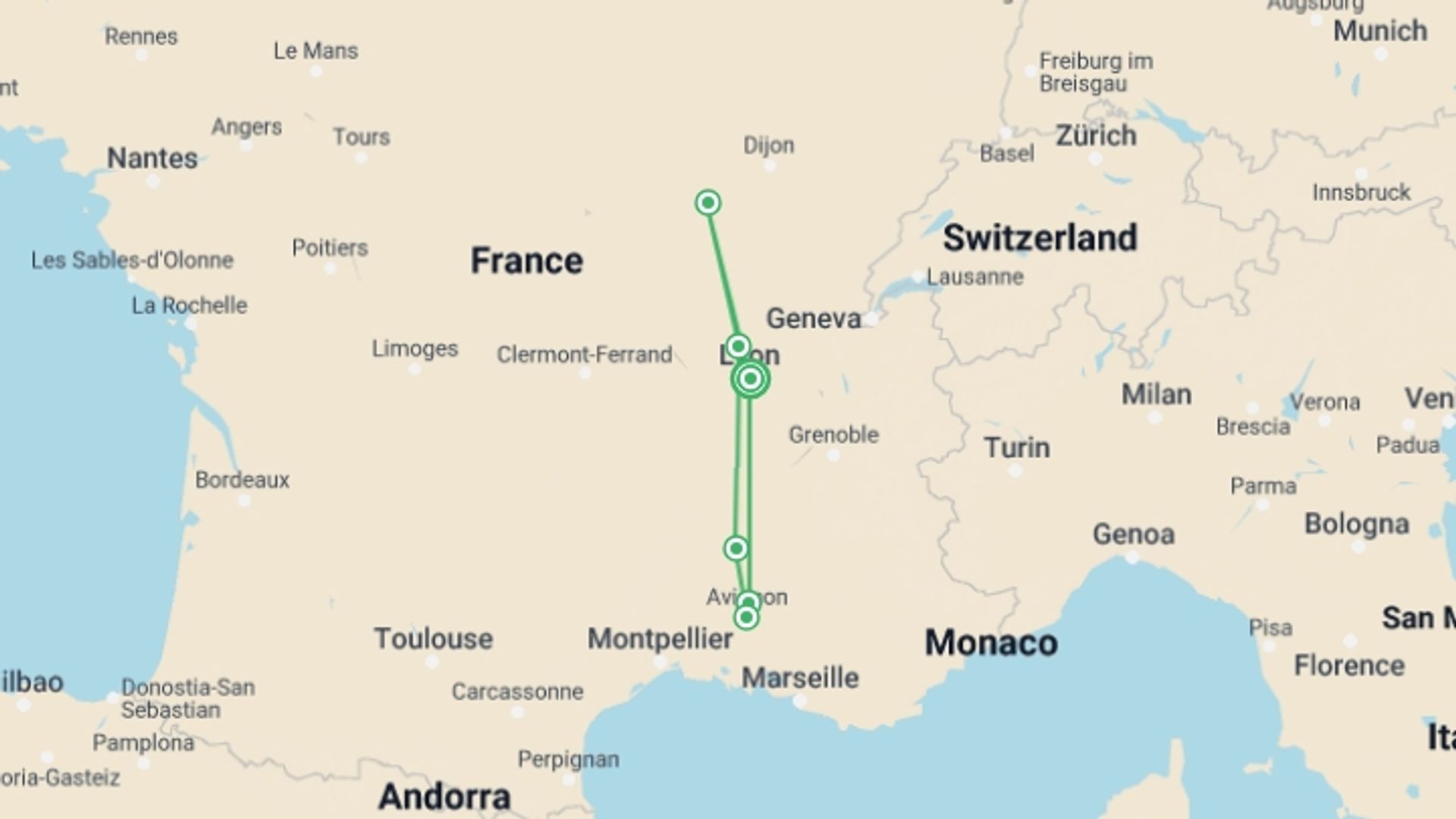 A map showing the tour itinerary for the trip: Magical Rhone and Saone Cruise, starting in Lyon, France and ending in Chateau du Pape, Chateau du Pape going through 6 other destinations.