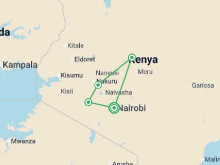 Map of a National parks Tour with 5 destination visits for the trip: Kenya Up Close (superior) - 8 days
