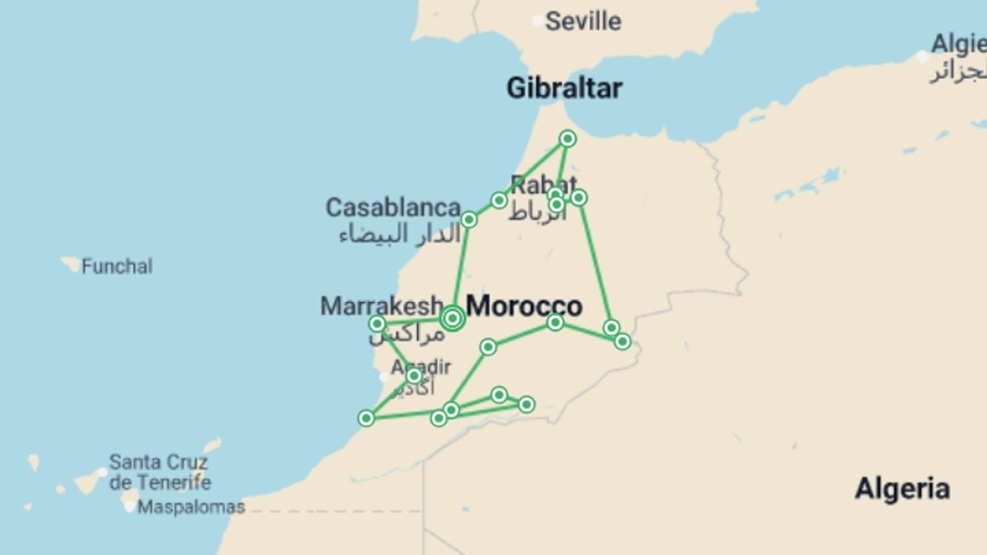 A map showing the tour itinerary for the trip: Grand Tour of Morocco, starting in Marrakech, Morocco and ending in Marrakech, Morocco going through 14 other destinations.