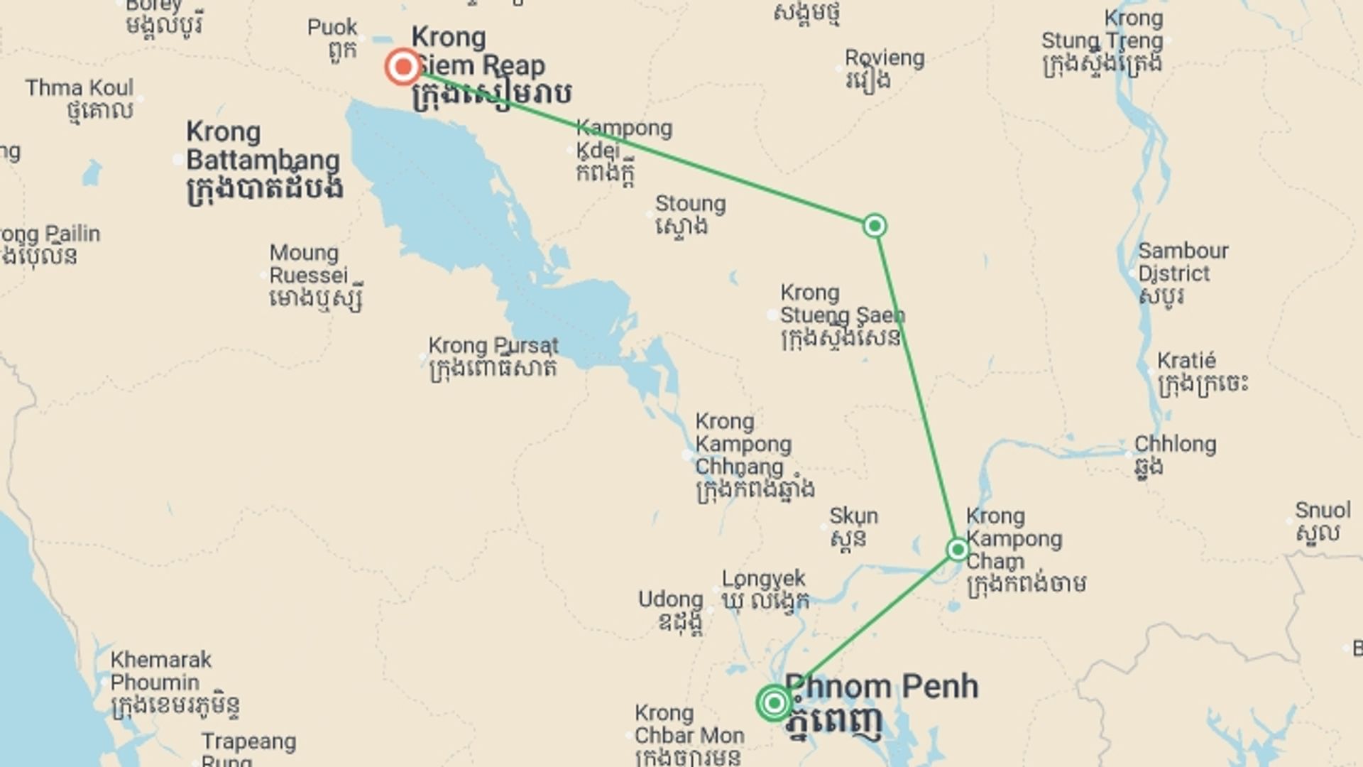 A map showing the tour itinerary for the trip: Cycling Cambodia - 7 days, starting in Phnom Penh, Cambodia and ending in Siem Reap, Cambodia going through 2 other destinations.