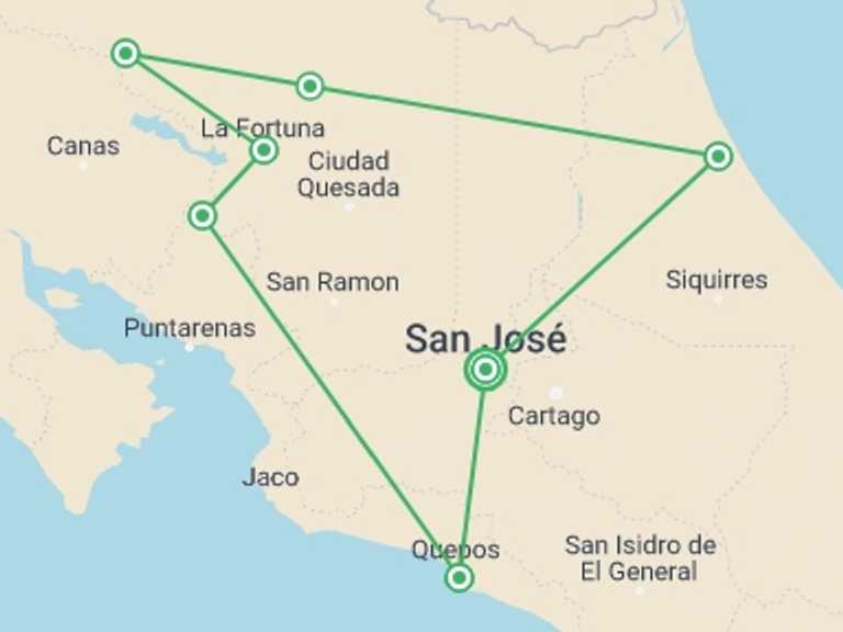 Map of a Waterfalls Tour with 10 destination visits for the trip: Classic Costa Rica