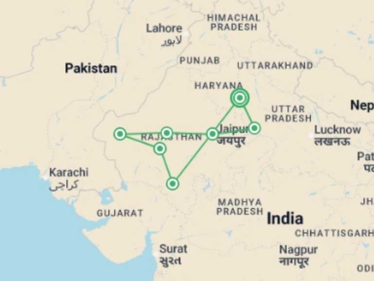 Map of 13-Day India Tour with 7 destination visits for the trip: Imperial Rajasthan