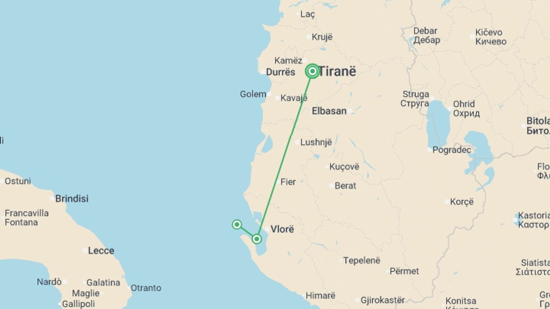 A map showing the tour itinerary for the trip: Family Albania Adventure, starting in Tirana, Albania and ending in Tirana, Albania going through 0 other destinations.