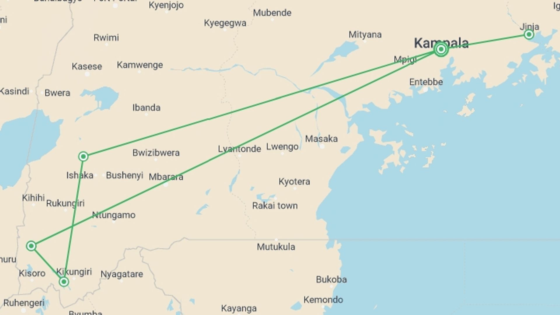 A map showing the tour itinerary for the trip: Uganda Overland: Gorillas & Chimps, starting in Kampala, Uganda and ending in Kampala, Uganda going through 4 other destinations.