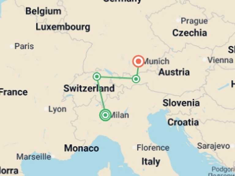 Map of Europe Tour with 4 destination visits for the trip: The Alpine Panorama Rail Tour
