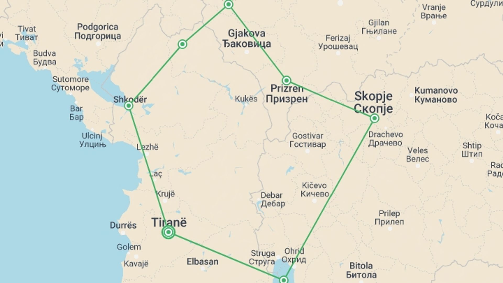 A map showing the tour itinerary for the trip: Kosovo, Albania & Macedonia Explorer, starting in Tirana, Albania and ending in Tirana, Albania going through 6 other destinations.