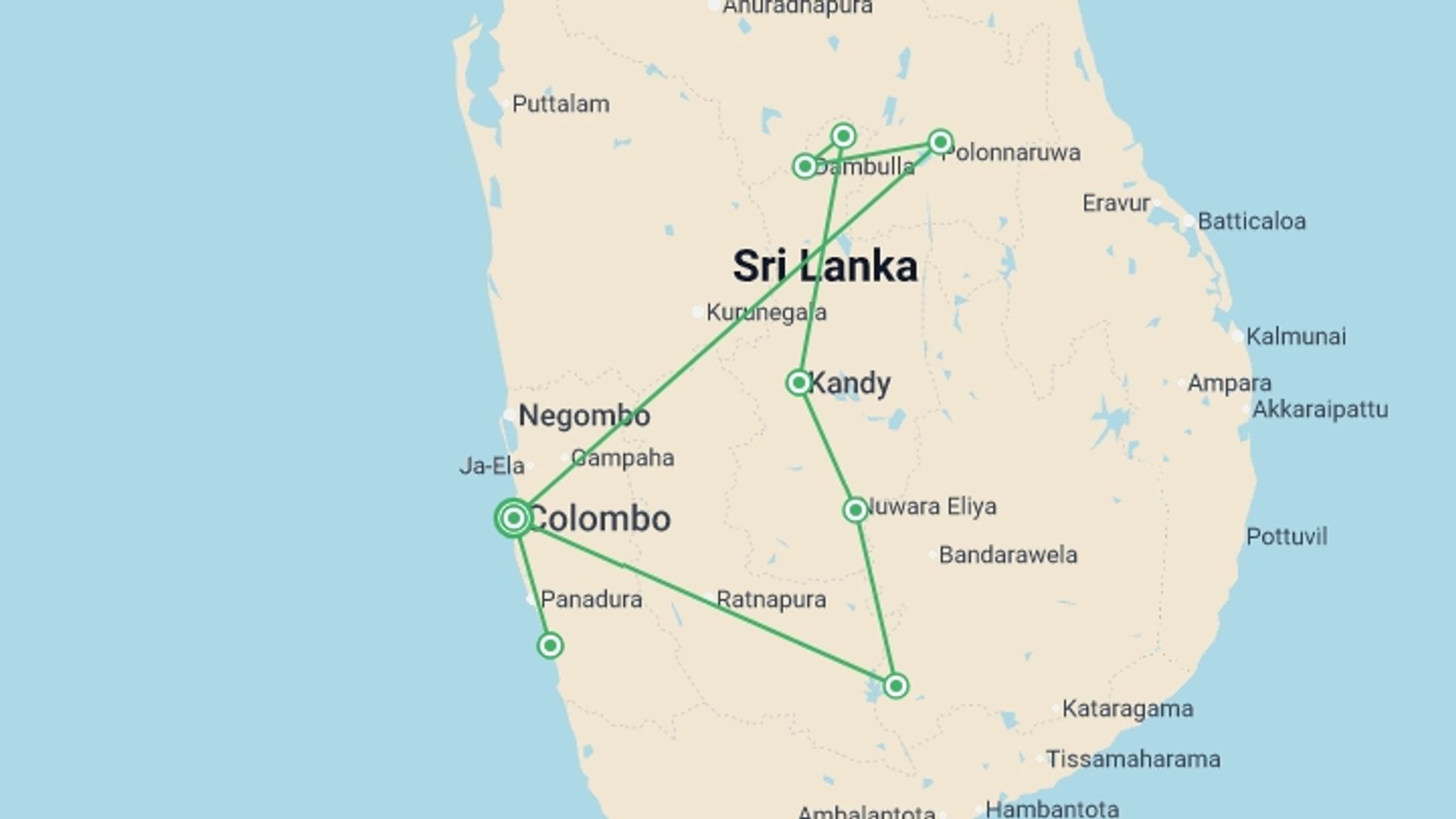 A map showing the tour itinerary for the trip: Buddha and Beach - 12 days, starting in Colombo, Sri Lanka and ending in Colombo, Sri Lanka going through 5 other destinations.