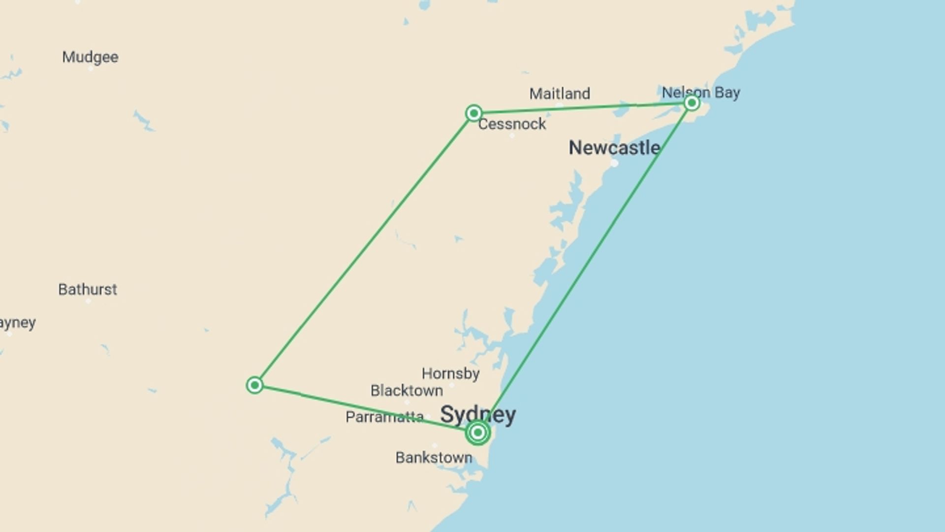 A map showing the tour itinerary for the trip: Sydney Vines, Coast & City, starting in Sydney, Australia and ending in Sydney, Australia going through 4 other destinations.