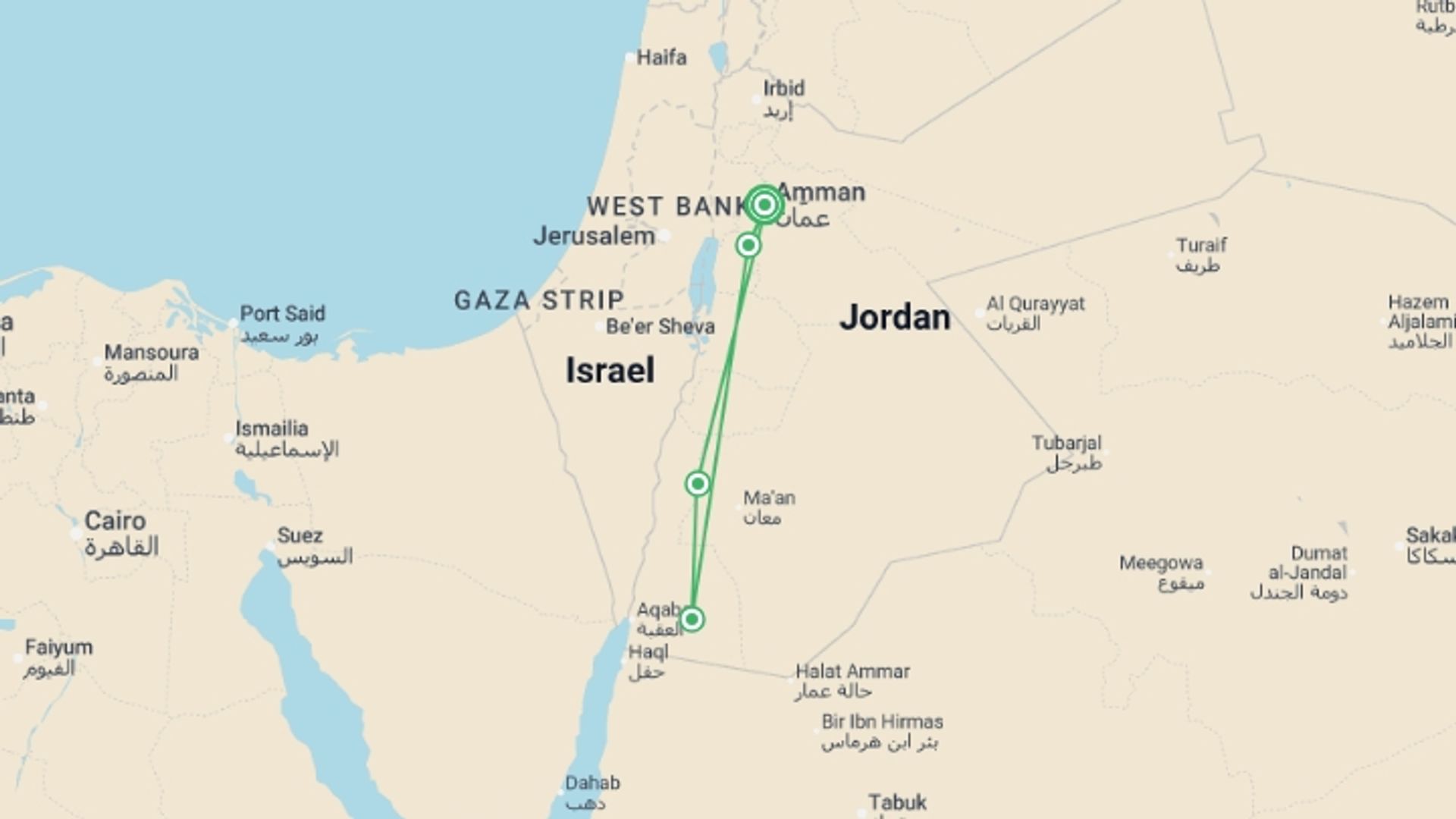 A map showing the tour itinerary for the trip: Self Drive Jordan Discovered - 7 days, starting in Amman, Jordan and ending in Amman, Jordan going through 3 other destinations.
