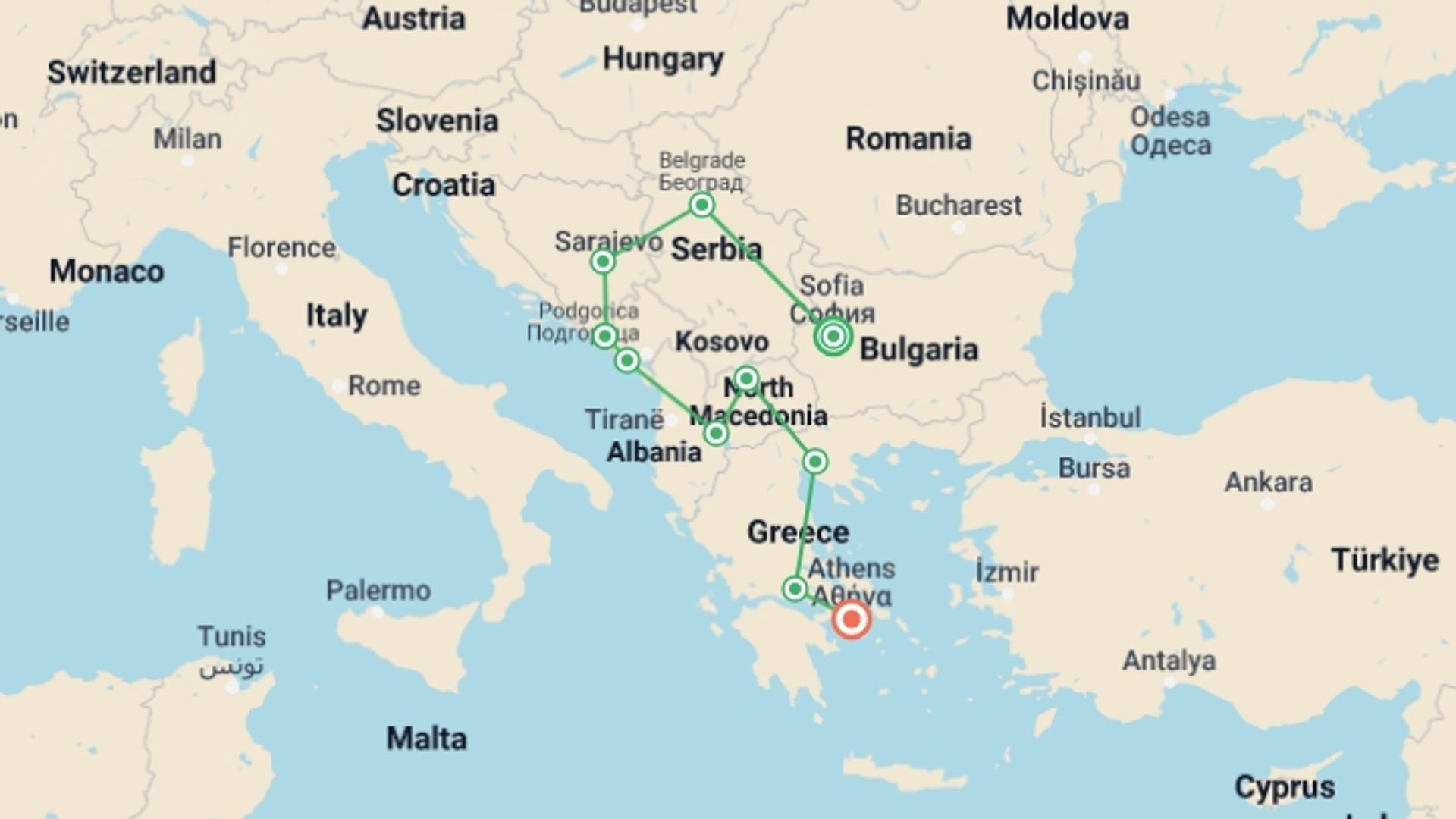 A map showing the tour itinerary for the trip: All About Balkans (4 Star Hotels), starting in Sofia, Bulgaria and ending in Athens, Greece going through 8 other destinations.