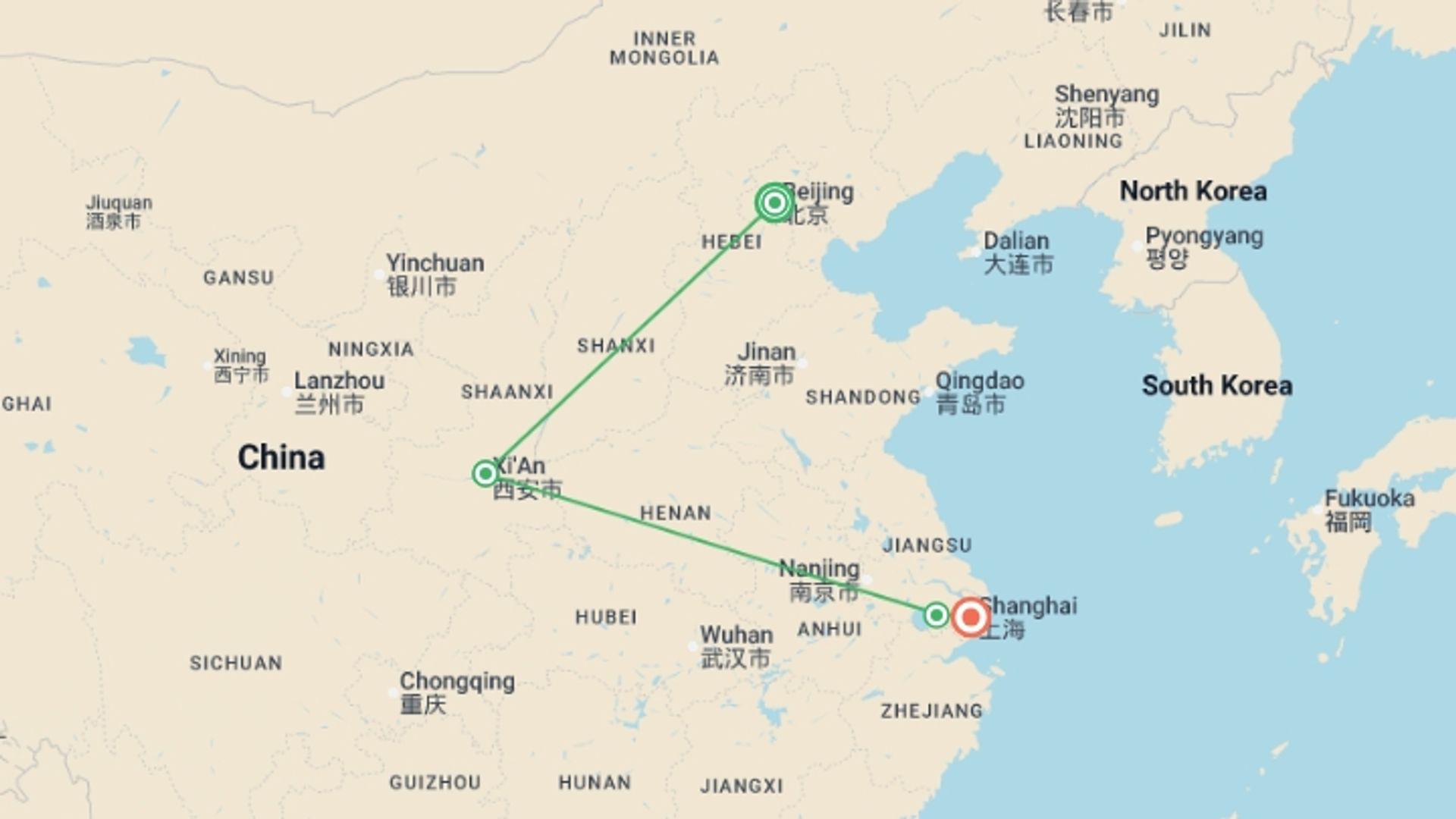 A map showing the tour itinerary for the trip: China Express, starting in Beijing, China and ending in Shanghai, China going through 3 other destinations.