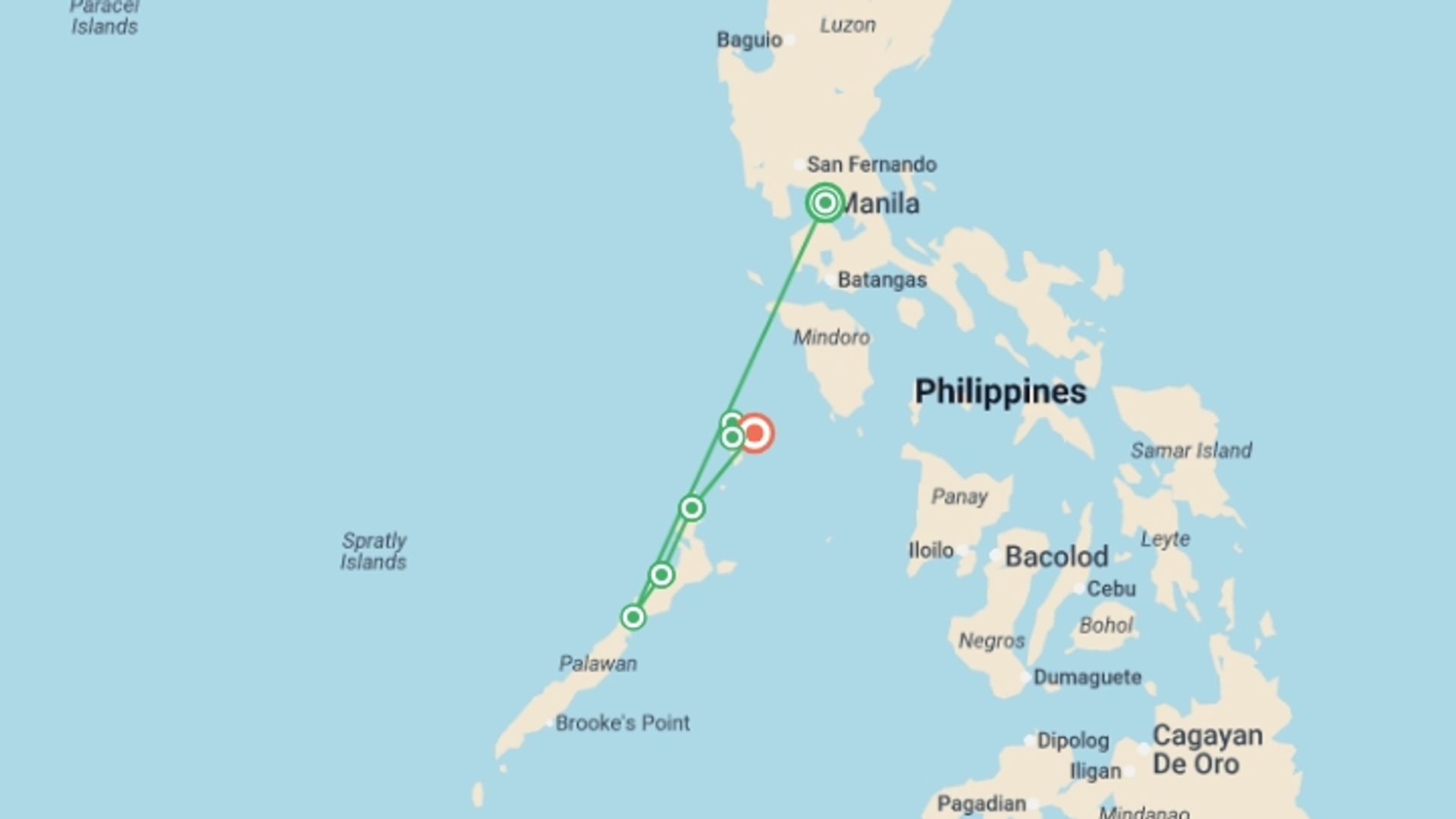 A map showing the tour itinerary for the trip: Perfect Palawan & Coron - 14 days, starting in Manila, Philippines and ending in Coron, Philippines going through 5 other destinations.
