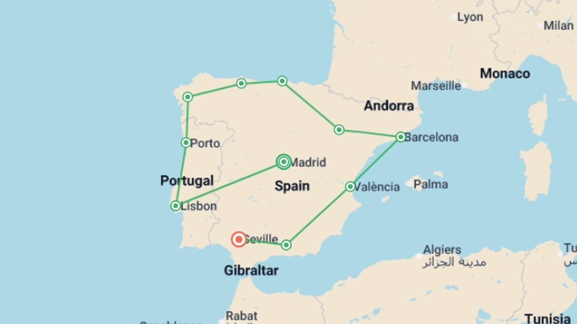 A map showing the tour itinerary for the trip: Great Iberian Tour end Seville, starting in Madrid, Spain and ending in Seville, Spain going through 9 other destinations.