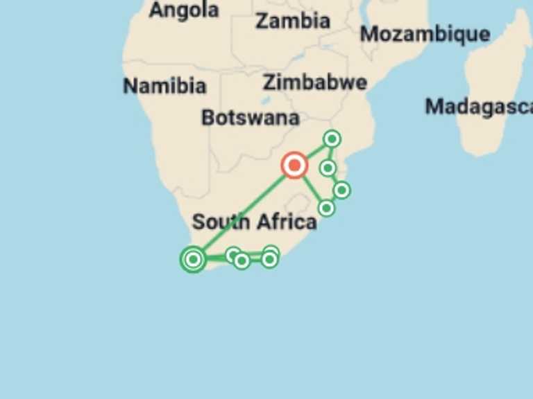 Map itinerary of Africa Tour in September 2026 with 9 destination visits for the trip: Sea, Safari, South Africa