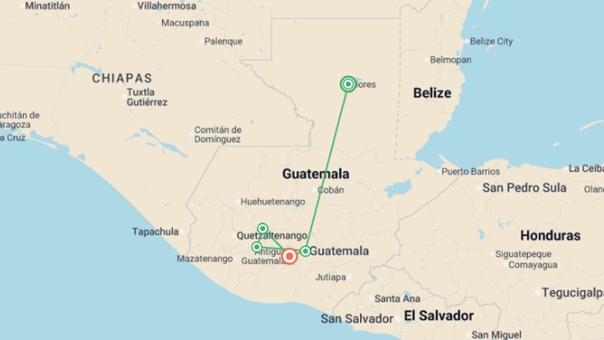 A map showing the tour itinerary for the trip: Guatemala: See & Experience it all in 8 days, Luxury Tour, starting in Flores, Guatemala and ending in Antigua, Guatemala going through 3 other destinations.