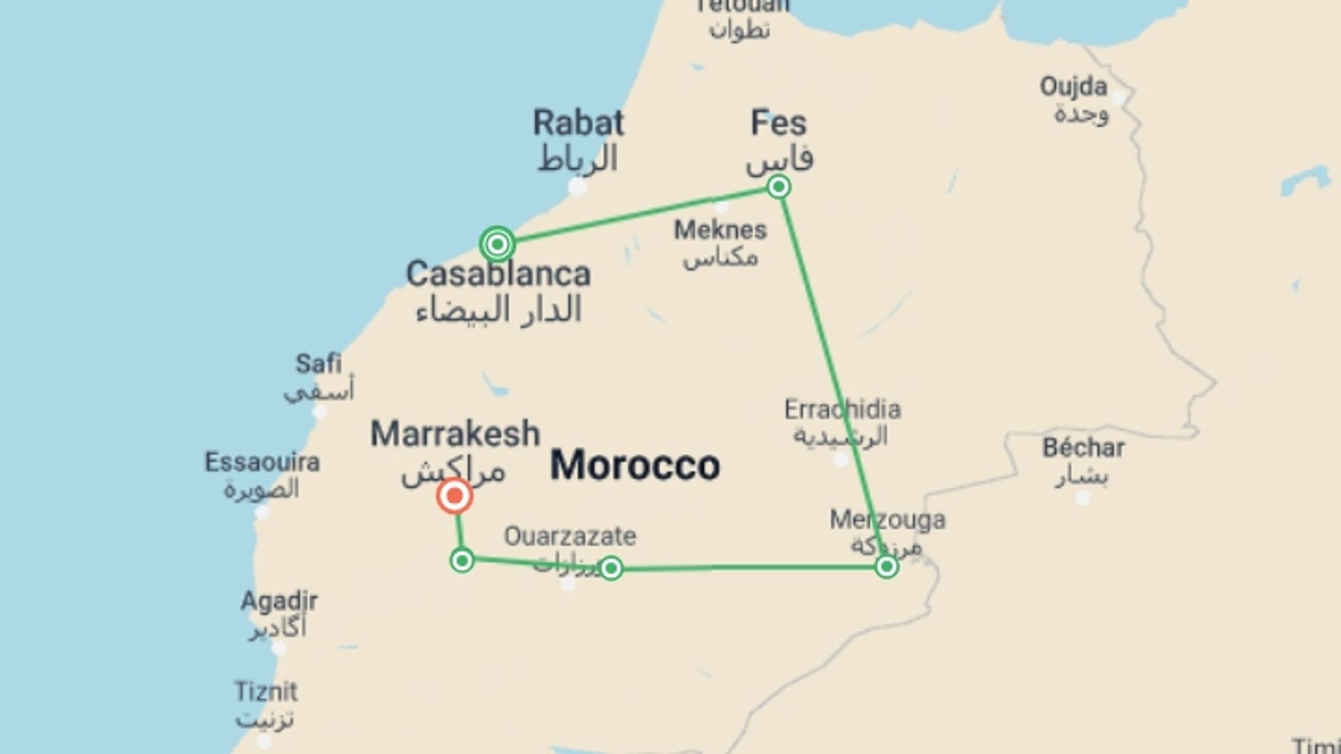 A map showing the tour itinerary for the trip: Treasures of Morocco - Premium Adventure, starting in Casablanca, Morocco and ending in Marrakech, Morocco going through 6 other destinations.