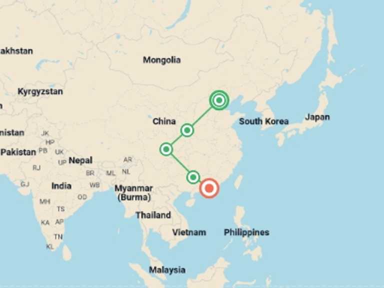 Map of a Sightseeing Tour with 5 destination visits for the trip: China Family Vacation