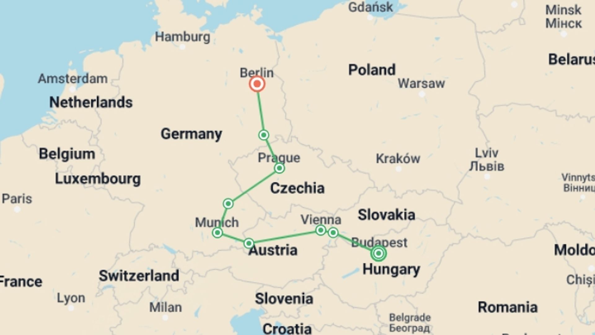 A map showing the tour itinerary for the trip: European Splendour : Budapest to Berlin (4 Star Hotels), starting in Budapest, Hungary and ending in Berlin, Germany going through 3 other destinations.