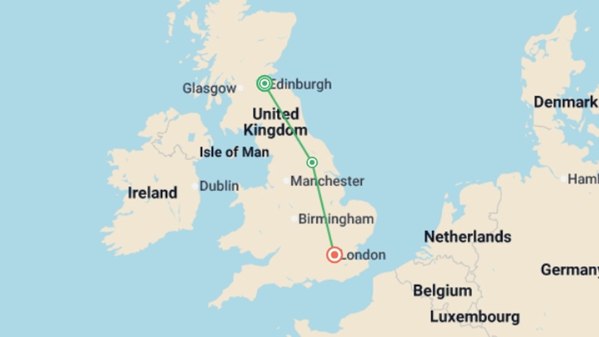 A map showing the tour itinerary for the trip: Edinburgh York and London by Rail, starting in Edinburgh, Scotland and ending in London, England going through 1 other destinations.