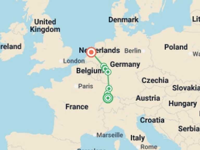 Map itinerary of Europe Tour in Fall with 7 destination visits for the trip: The Rhine as a Legacy: Art, History and Heritage. Discovering Europe's Geniuses and Masterpieces (port-to-port cruise)